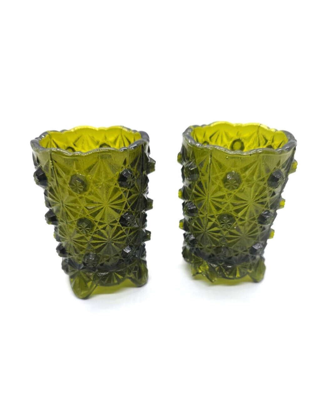 L G WRIGHT GREEN GLASS DAISY AND BUTTON VOTIVE CANDLE Vintage Made in JAPAN LOT